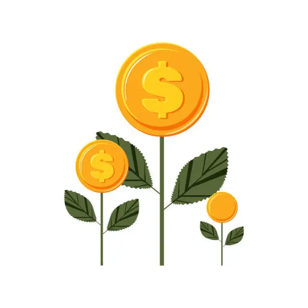 Vector illustration of Money flowers on a white background. Increasing income and growing profits. Vector.