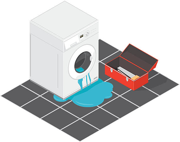 Kitchen Flood with plumber's tools and washing machine A vector illustration of an isometric kitchen flooding with a set of tools for making repairs. appliance repair stock illustrations