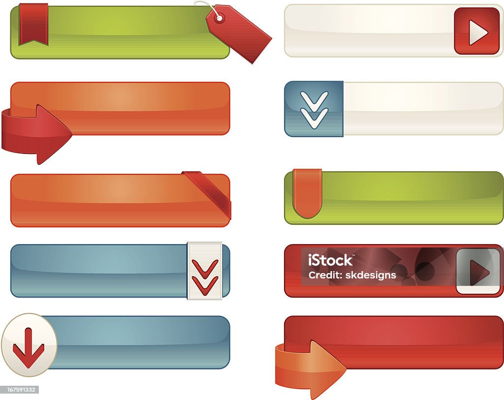 Iconos de interfaz, etiquetas, etiquetas de: Blanco, azul, rojo, naranja, verde - arte vectorial de Azul libre de derechos