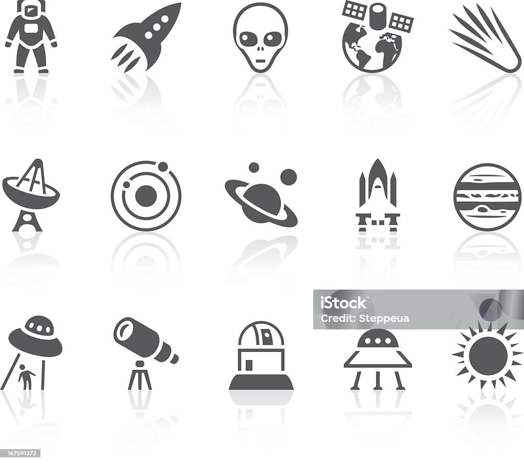 Collection of black and white space icons Vector icons. Simple series. One icon consists of a single object + reflection (on a separate layer). EPS8, JPEG + AI CS3 Icon Symbol stock vector