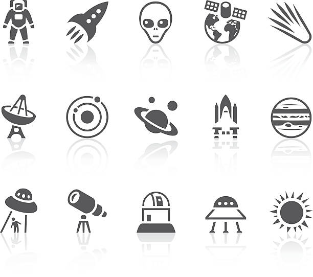 Collection of black and white space icons Vector icons. Simple series. One icon consists of a single object + reflection (on a separate layer). EPS8, JPEG + AI CS3 jupiter stock illustrations