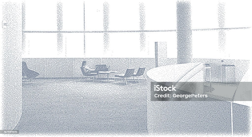 Working In Contemporary Office Etching illustration of woman working alone on Saturday in contemporary office. Exhaustion stock vector