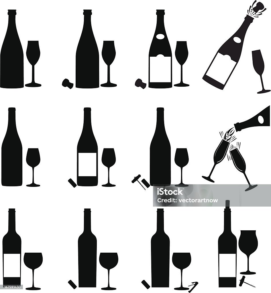 Wine Icon Set Wine bottles, champagne, cork, corkscrew and glass silhouettes Wine Bottle stock vector