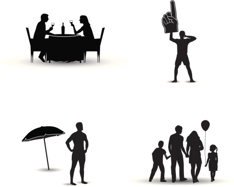 four different silhouettes of a man in recreation situations