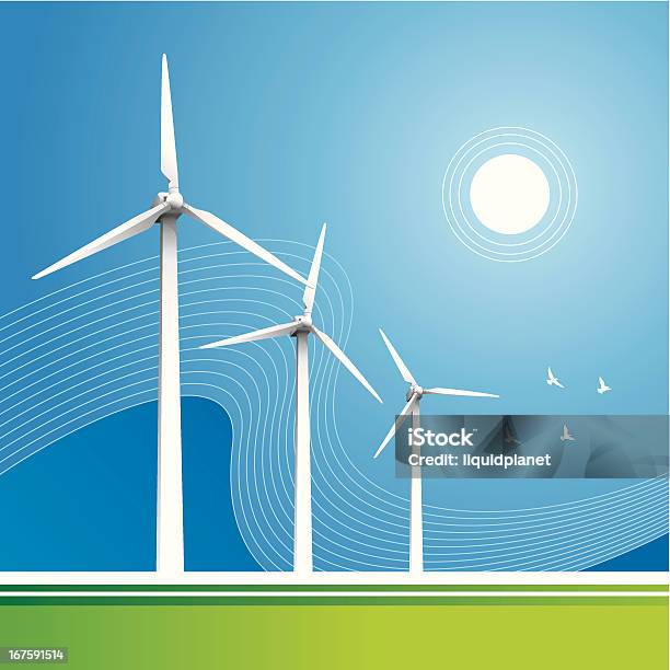 Windturbines Blue Sky - Stockowe grafiki wektorowe i więcej obrazów Bez ludzi - Bez ludzi, Działania na rzecz klimatu, Elektrownia