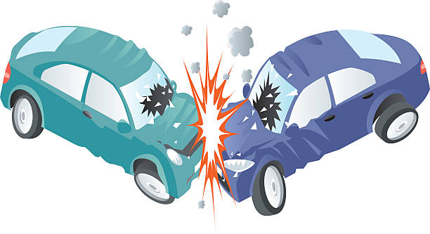 Harsh car crash between a green and a blue car Two cars collide. Vector car crash accident cartoon stock illustrations