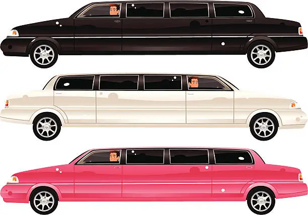 Vector illustration of Limousine cars in black, white and pink paintwork