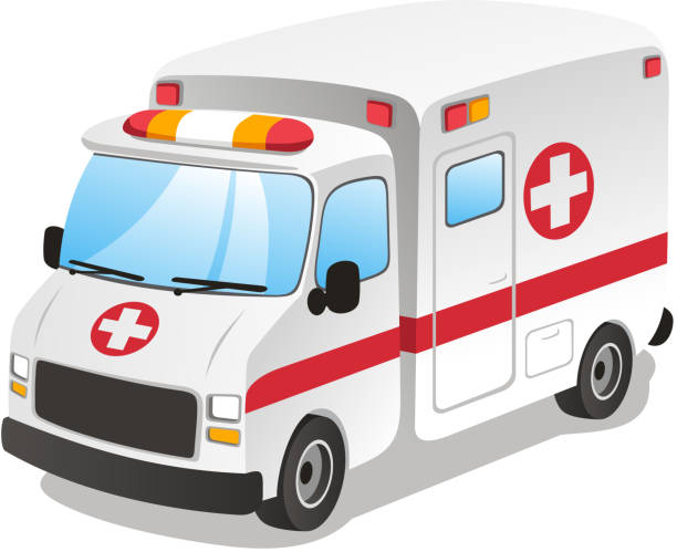 Cartoon ambulance emergency service urgency assistance Cartoon ambulance. cartoon of caduceus medical symbol stock illustrations