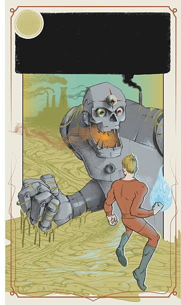 illustrazioni stock, clip art, cartoni animati e icone di tendenza di giant robot fantascienza copertina di libro - ultimate fighting
