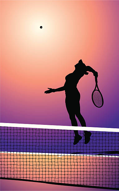 ilustraciones, imágenes clip art, dibujos animados e iconos de stock de jugador de tenis sirve-hembra - silhouette tennis competitive sport traditional sport