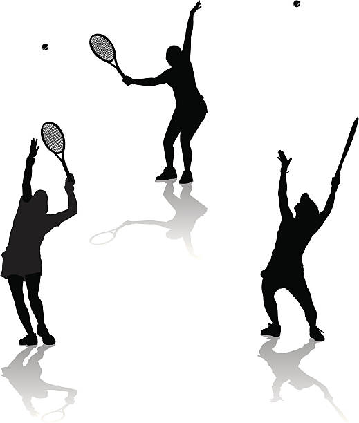 ilustraciones, imágenes clip art, dibujos animados e iconos de stock de tenis servir-hembra - silhouette tennis competitive sport traditional sport