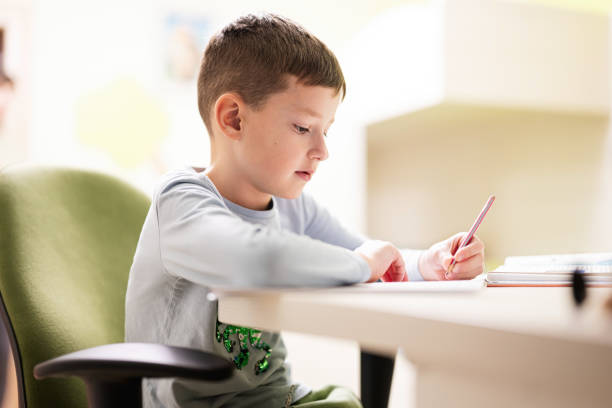 istock Kid boy studying at home and doing school homework, distance learning education , sitting at table. 1675916324