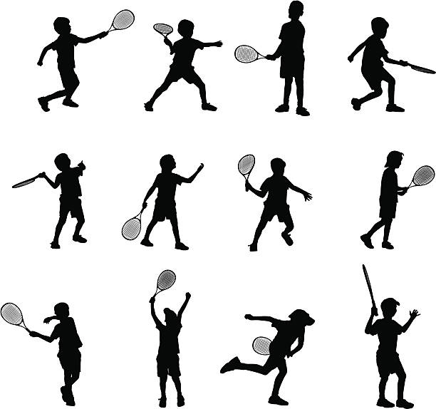 ilustraciones, imágenes clip art, dibujos animados e iconos de stock de de tenis para niños - swing child silhouette swinging