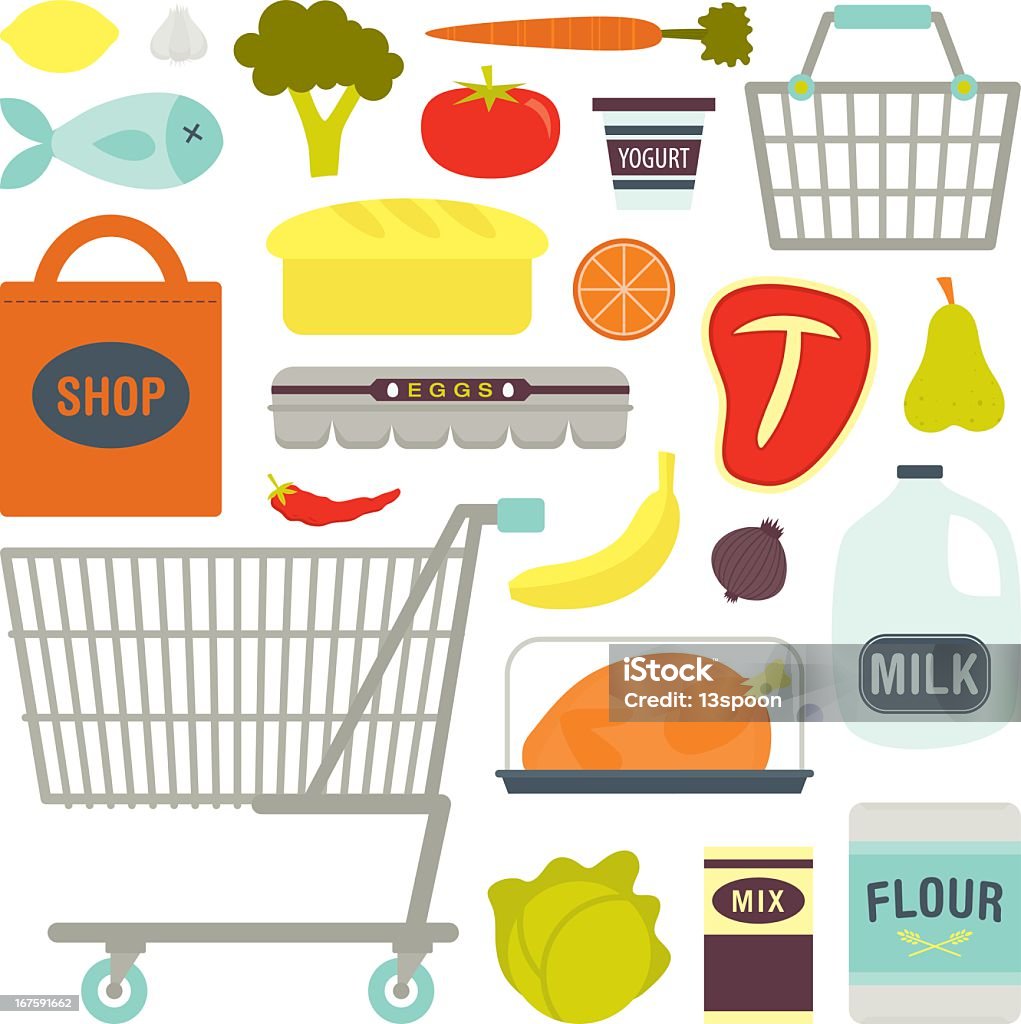 Drawing of various common supermarket shopping items Delicious food you would find in the aisles of a local grocery store Gallon stock vector