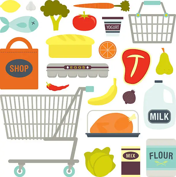 Vector illustration of Drawing of various common supermarket shopping items
