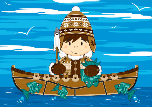 ilustraciones, imágenes clip art, dibujos animados e iconos de stock de lanudo inuit sombrero de pescador en kayak - cartoon fun fish gripping