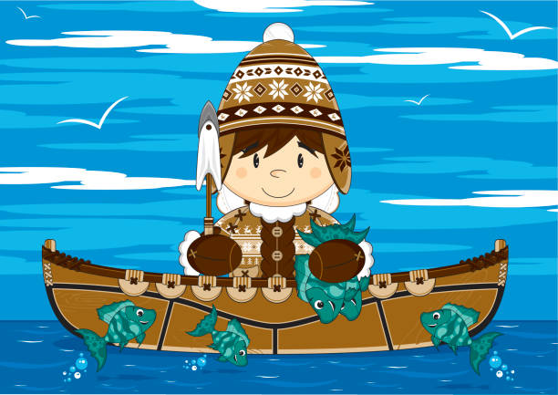 illustrazioni stock, clip art, cartoni animati e icone di tendenza di inuit maglina cappello fisherman in kayak - cartoon fun fish gripping