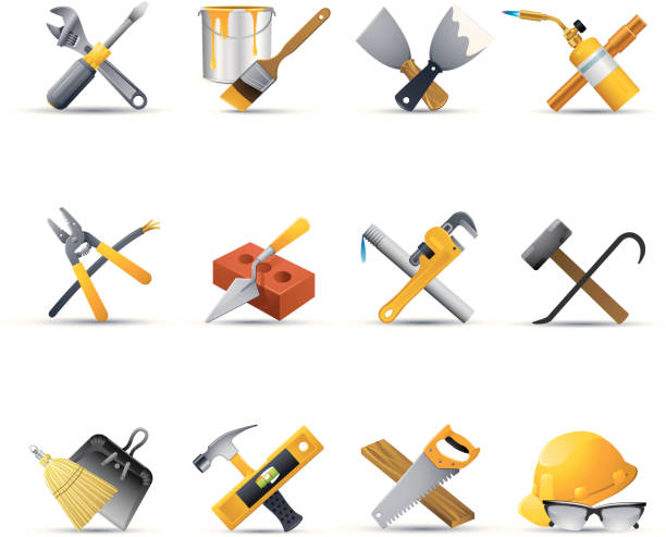 дома ремонт icons - plaster trowel plasterboard work tool stock illustrations