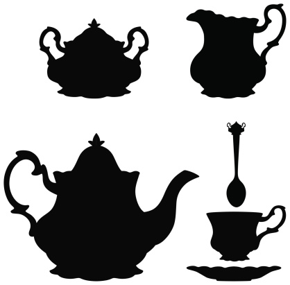 Fancy tea silhouettes including teapot, creamer, sugar bowl, teacup, saucer and spoon.