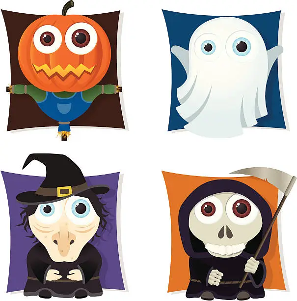 Vector illustration of Collection of big-eyed Halloween characters: scarecrow, ghost, witch, Grim Reaper