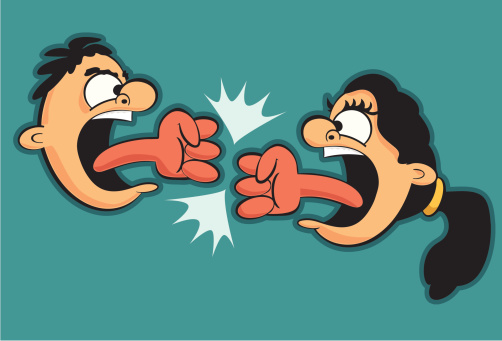 Illustration of two angry character people arguing and yelling at each other. They are fighting with their tongues. The illustration shows their tongues as fists which are colliding. This can be used to illustrate fighting, anger, yelling, bullying or a verbal argument.