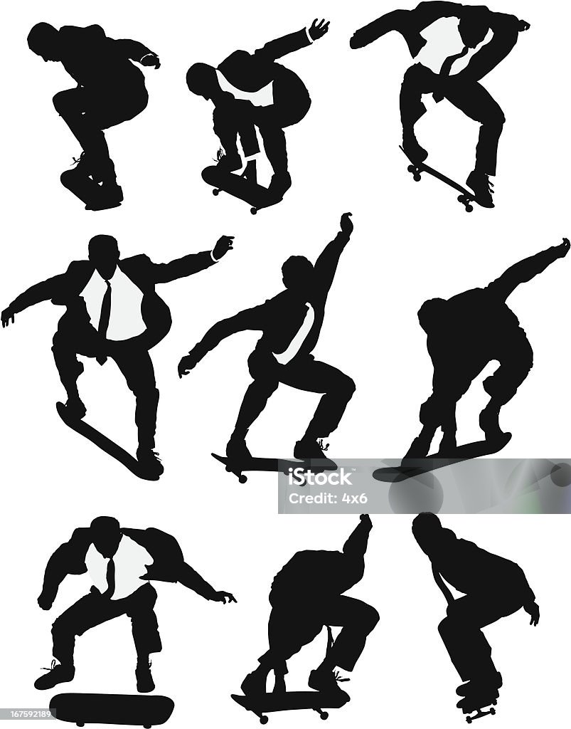 Più immagini di un uomo d'affari Andare sullo skate-board - arte vettoriale royalty-free di Sagoma - Controluce