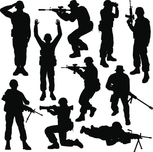 illustrazioni stock, clip art, cartoni animati e icone di tendenza di soldato silhouette - sniper army rifle shooting