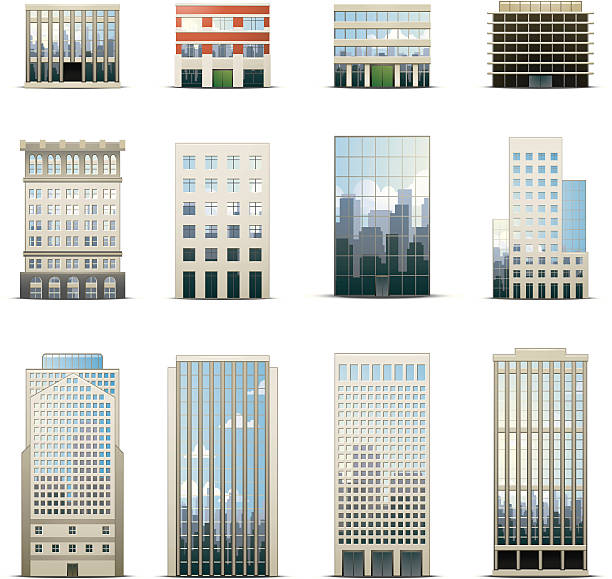 ilustraciones, imágenes clip art, dibujos animados e iconos de stock de iconos de edificio de oficinas - facade