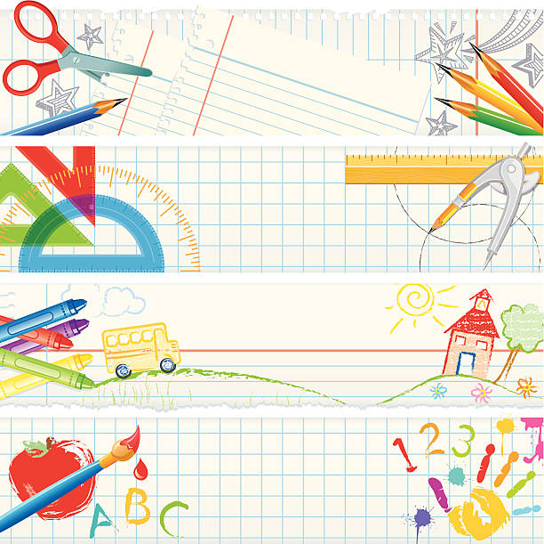 illustrazioni stock, clip art, cartoni animati e icone di tendenza di banner scuola strumenti - geometry geometric shape protractor mathematics