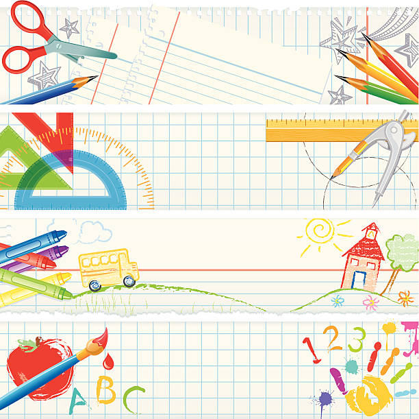 Banners – School Tools Scissors, pencils, rulers, crayons, compass, paintbrush, and drawings on school notebook paper. hand drawing background stock illustrations