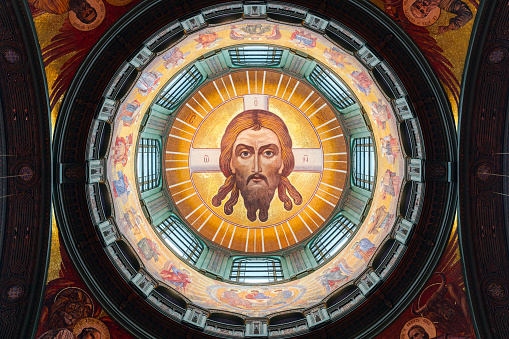 Kubinka, Moscow region, Russia - February 25, 2023: Portrait of Jesus Christ, stained glass ceiling of The Main Cathedral of the Russian Armed Forces or Cathedral of the Resurrection.