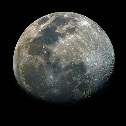 Partly illuminated moon in the dark night sky over Western Europe on January 18, 2024. The surface of the moon is clearly visible with various craters and seas.