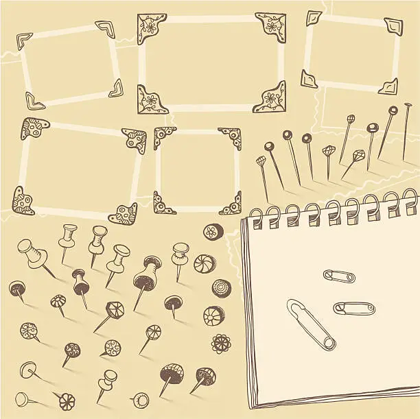 Vector illustration of Vector illustration of hand drawn pins and photo corners