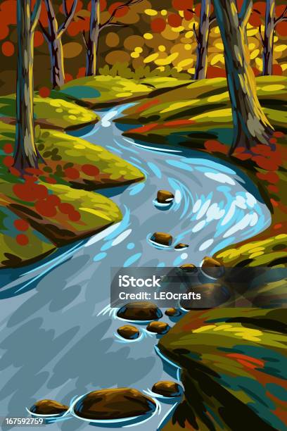 Красивый Осенний Лес — стоковая векторная графика и другие изображения на тему Ручей - Ручей, Вода, Ландшафт
