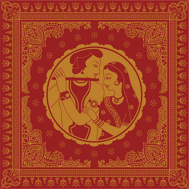 Golden Radha Krishna A golden illustration of the eternal lovers Radha and Krishna, with ornate corner and border designs - which can be used individually. (Includes .jpg) radha krishna stock illustrations