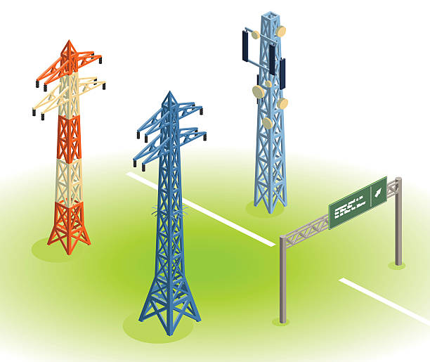 illustrazioni stock, clip art, cartoni animati e icone di tendenza di wireframe costruzioni - tower isometric communications tower antenna