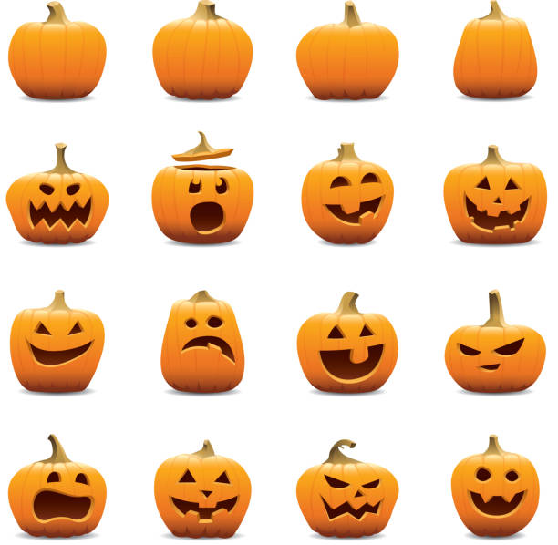 Jack O Lantern icons Vector icons of Jack o Lantern pumpkins. Includes an EPS8, a hi res JPG, transparent PNG, and versions without the shadows. pumpkin stock illustrations