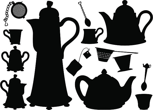 Teapots, Teacups, Teaspoons, tea bag silhouettes Tea and tea accessories silhouette collection. sugar bowl crockery stock illustrations