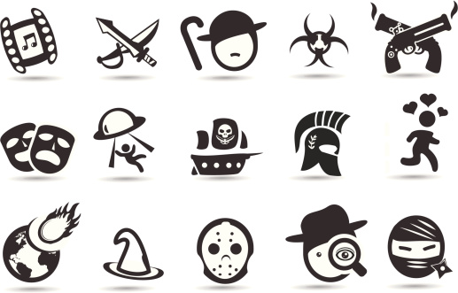 A set of movie genre icons.  A compendium of ideas for genres from westerns to fantasy.
