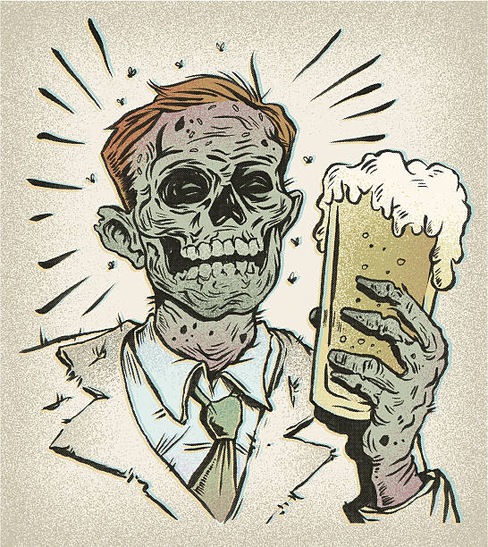 ilustraciones, imágenes clip art, dibujos animados e iconos de stock de retro cerveza buddy, el undead - skull holding spooky horror