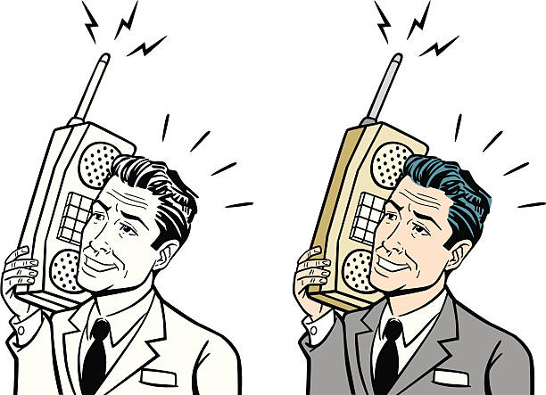 ilustrações, clipart, desenhos animados e ícones de retrô homem de negócios com telefone celular antecipada - men retro revival 1950s style comic book