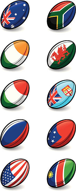 illustrations, cliparts, dessins animés et icônes de coupe du monde de rugby 2011 équipe des balles piscine c et d - rugby fiji ball rugby ball