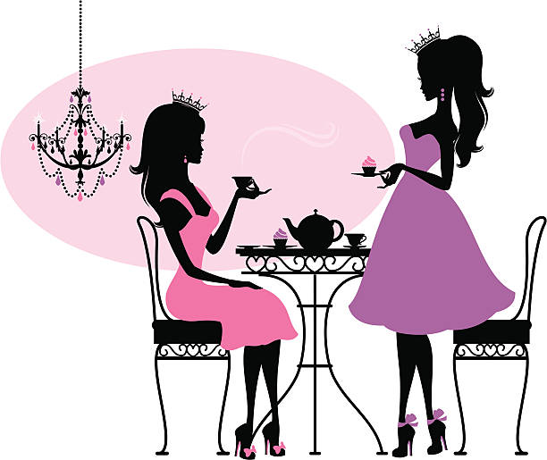 Teatime Princesses Two cute princesses have tea and cakes. Crowns on separate layer for easy removal. restaurant table side view stock illustrations