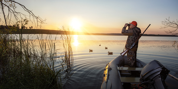 Man hunter hunting. waterfowl hunter. bunner with copy space.