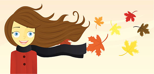 frau mit langen haar (im herbst - scarf blowing women autumn stock-grafiken, -clipart, -cartoons und -symbole