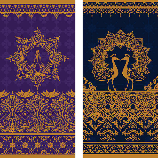 Sari Borders Tall A pair of extra tall seamless sari border designs with intricate gold details, featuring namaste hands and a pair of ornate peacocks. (Includes .jpg) hinduism stock illustrations