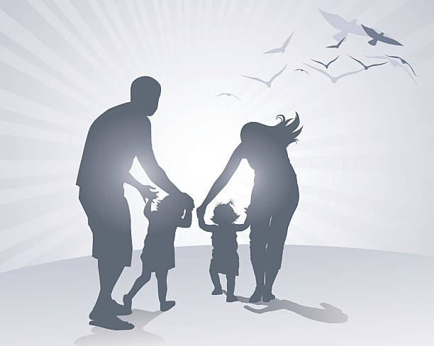 A silhouette of a family walking with their kids Simple family silhouette leading a little girl. parent guide stock illustrations