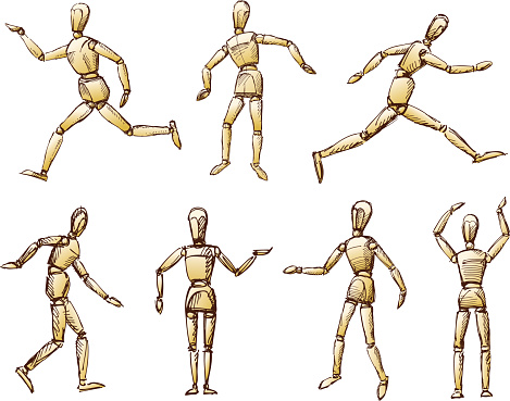 Vector images of human dummy in various positions.