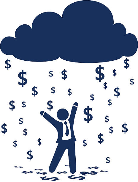 Raining Money A business man standing with arms raised under a cloud that's raining money. pennies from heaven stock illustrations
