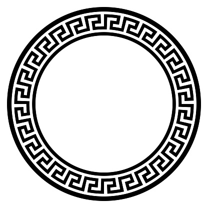 round frame with ancient Greek ornament - black and white vector illustration of decorated circle, isolated on white background